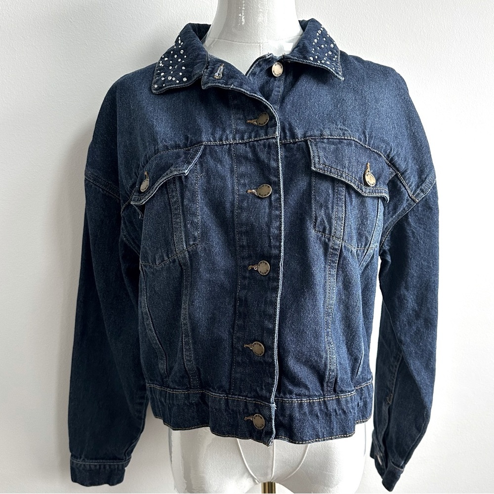 Bebe Womens Cropped Embellished Denim Jean Jacket Indie Glam Bling Western‎ Sz M